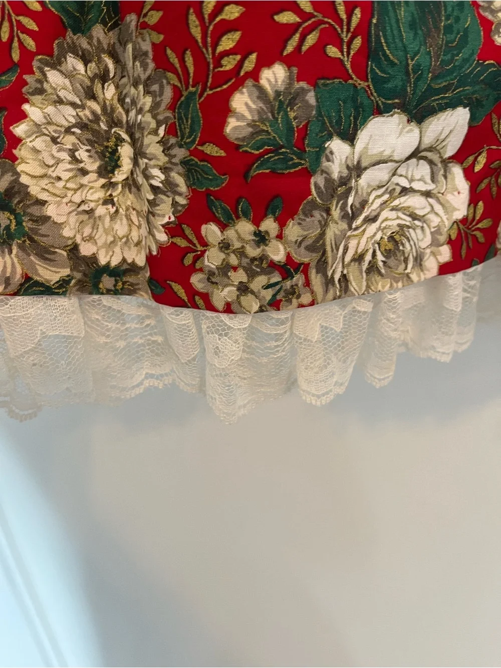 Vintage Red green white floral lace Christmas dress girls 14 Xmas velvet